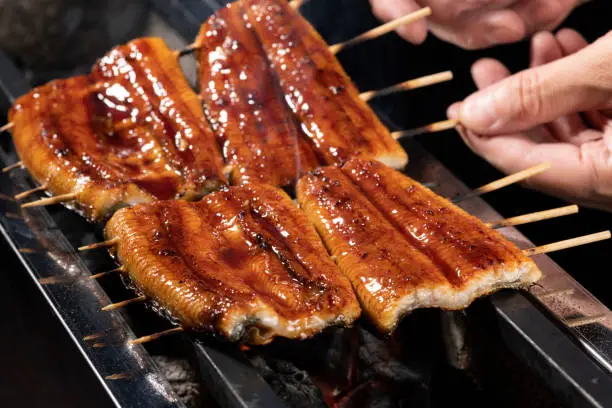 Chef at an eel restaurant cooks eel kabayaki.