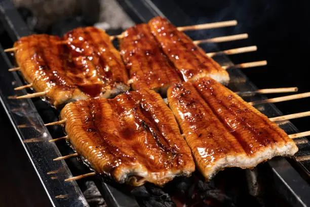 Chef at an eel restaurant cooks eel kabayaki.