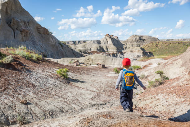 Cute Redhead Boy Hiking in Badlands of Dinosaur Provincial Park in Alberta, Canada Cute Redhead Boy Hiking in Badlands of Dinosaur Provincial Park in Alberta, Canada. It is a beautiful summer sunny day. He is wearing a backpack and hiking in the park’s footpath. drumheller stock pictures, royalty-free photos & images