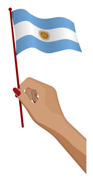istock Female hand gently holds small Argentina flag. Holiday design element. Cartoon vector on white background 1286618988