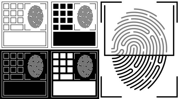 ilustrações de stock, clip art, desenhos animados e ícones de panel icon for scanning person fingerprint for mobile identification applications. biometric identification of human data. unique pattern on finger. search devices for scanning data. vector - biometrics control panel touching fingerprint