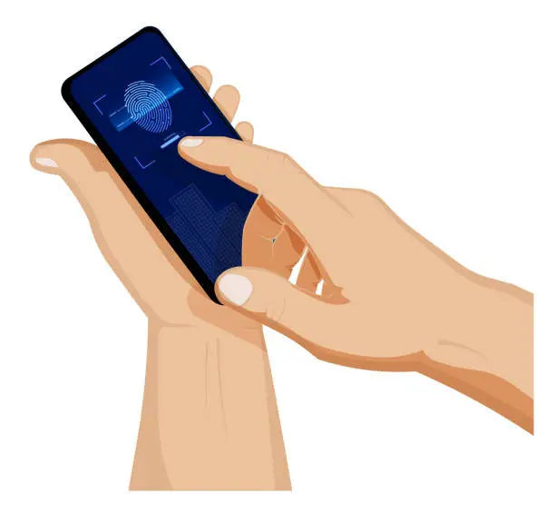 Vector illustration of man holds smartphone with fingerprint scanner in his hand. Scanning person fingerprint for mobile identification app. Search devices for scanning data. Vector