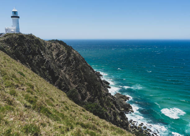 istock Photo of a white lighthouse on a cliff overlooking the sea 1286620680