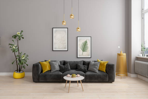 Front View Of Modern Living Room With Yellow Sconce, Gray Sofa And Yellow Pillows Front View Of Modern Living Room With Yellow Sconce, Gray Sofa And Yellow Pillows pillow photos stock pictures, royalty-free photos & images