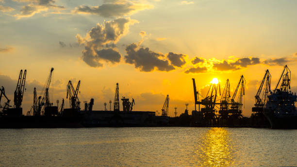 istock Panoramic view toward sea port and industrial cranes 1286622683
