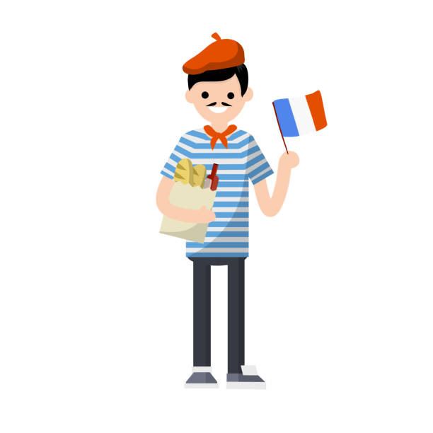 ilustraciones, imágenes clip art, dibujos animados e iconos de stock de joven francés con camiseta a rayas con corbata roja. hombre con bandera de francia - beret