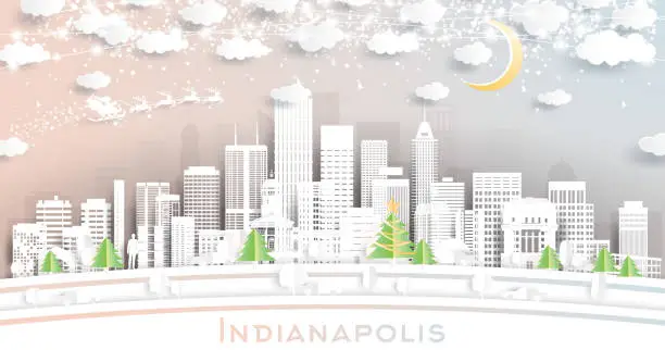Vector illustration of Indianapolis Indiana USA City Skyline in Paper Cut Style with Snowflakes, Moon and Neon Garland.