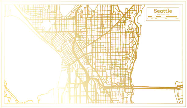 Seattle USA City Map in Retro Style in Golden Color. Outline Map. Seattle USA City Map in Retro Style in Golden Color. Outline Map. Vector Illustration. washington state line art stock illustrations