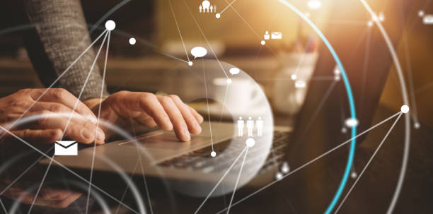 istock Male hands with laptop. Man working remotely at home. Concept of networking or remote work. Global business network. Online courses. 1286624466