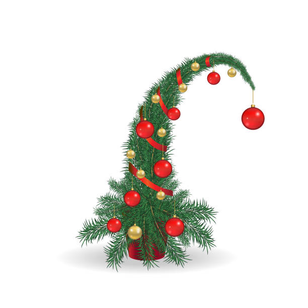 bildbanksillustrationer, clip art samt tecknat material och ikoner med jul grinchen träd med röda och guld leksaker, toppen av trädet lutas, affisch, isolerade. vektor 3d. realistiska - santa hat