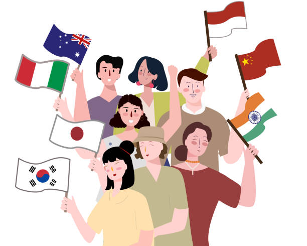 국가 개념 사람들 간의 협력 평면 만화 스타일 국기 흰색 고립 된 배경을 들고 - australian flag flag australia horizontal stock illustrations