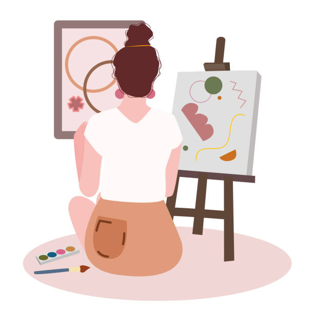 ilustraciones, imágenes clip art, dibujos animados e iconos de stock de las mujeres pintan sobre la paleta de lienzo pincel espalda vista fondo aislado blanco con estilo de dibujos animados planos - artists canvas beautiful art product palette