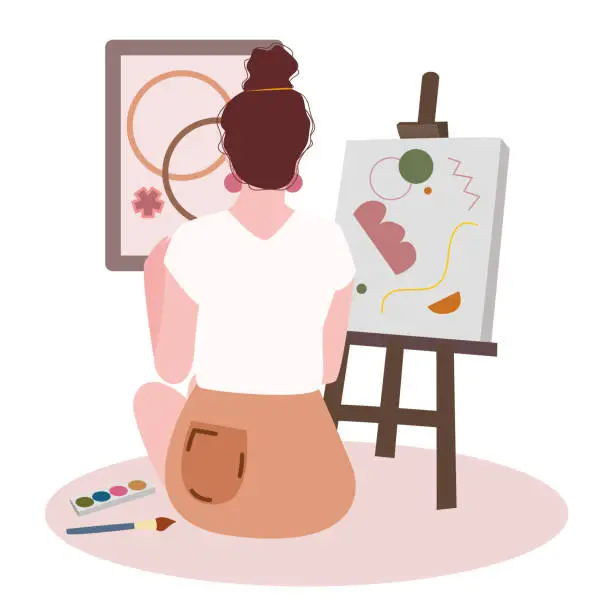 Vector illustration of Women paint on canvas palette paintbrush back view white isolated background with flat cartoon style