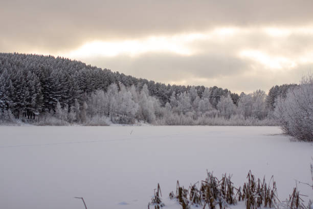 istock Dramatic sky with clouds over the winter forest and lake. 1286635881