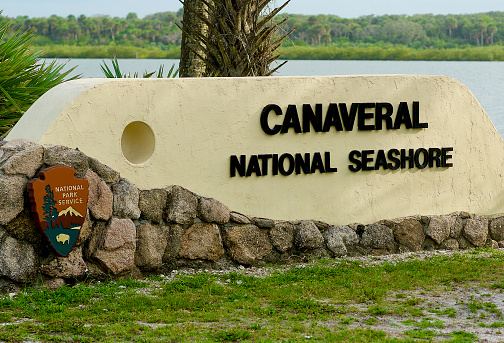 New Smyrna Beach, Florida / USA - June 2, 2020: Sign at the northern entrance to Canaveral National Seashore.