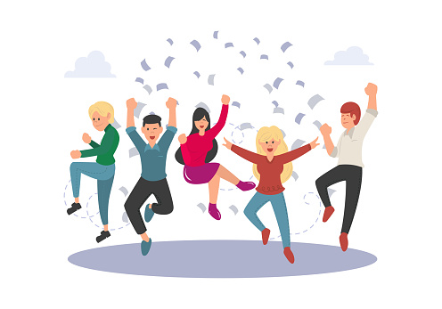 Business people jumping celebrating victory isolated image on a white background. Happy and joyful people cartoon character. Teamwork and cooperation concept. Vector illustration of a flat design