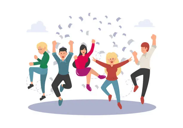 Vector illustration of Business people jumping celebrating victory isolated image on a white background. Happy and joyful people cartoon character. Teamwork and cooperation concept. Vector illustration of a flat design