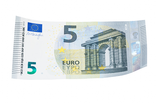 Five euro banknote on white background. High resolution photo.