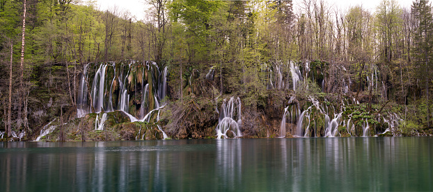 Panoramic view of Plitvice lakes national park with its waterfalls in Croatia.