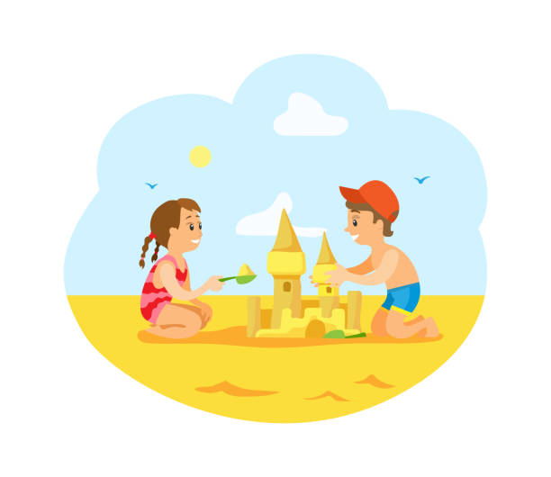 kinder sitzen auf hot sand building castle am strand - lifestyles child beach digging stock-grafiken, -clipart, -cartoons und -symbole
