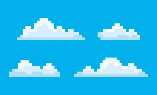 Clouds Pixel Game Graphics 8 Bit Sky Smoke Vector Pixel art game icons vector, isolated bit cloud. Pixelated cloudscape blue sky with smoke, elements 8 and 16 bit graphics, clouds drawing in retro style pixel sky background stock illustrations