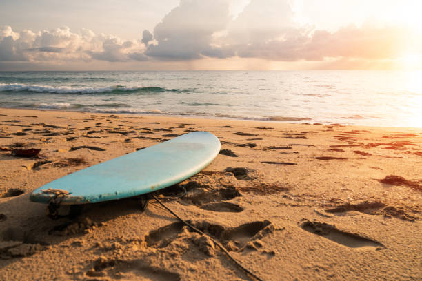 istock Surfboard on sand at summer beach with sunset light background. 1286642853