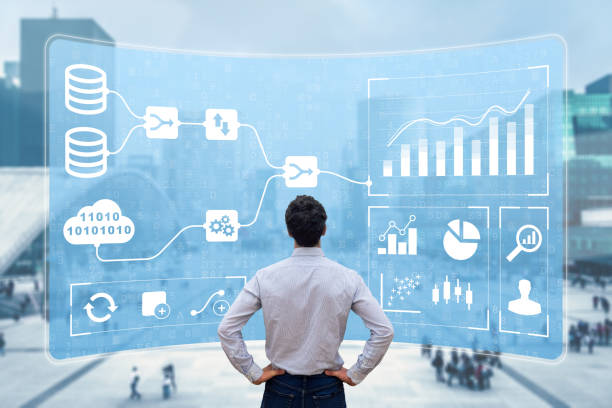 Business Analytics and Data Management System (DMS) giving key insights for corporate strategy. Concept with expert analyst building visualization with KPI and metrics from database information business analytics and data management system (dms) proporcionando información clave para la estrategia corporativa. concepto con analista experto construyendo visualización con kpi y métricas a partir de la información de la base de datos