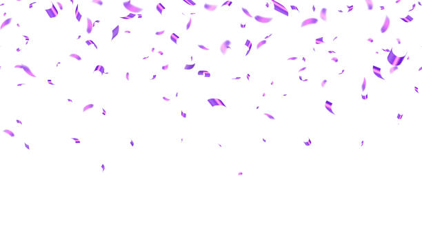 Purple foil tiny confetti falling Falling realistic shiny purple foil tiny confetti isolated on white background. Birthday Celebration. Bright festive tinsel of pink, lilac color. Grand opening. Vector seamless illustration purple stock illustrations