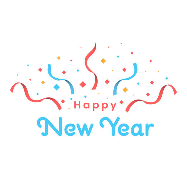 Happy New Year and Confetti Vector Design on White Background. Scalable to any size. Vector Illustration EPS 10 File. white background sign snow winter stock illustrations