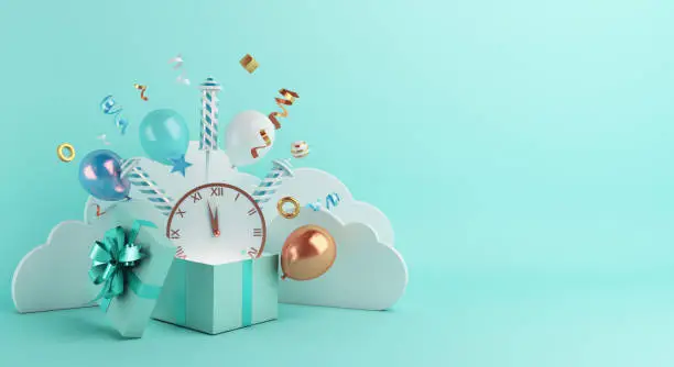 Photo of Happy new year 2021 concept with opened gift box, firework rocket, clock, balloon, ribbon, cloud 3D rendering illustration