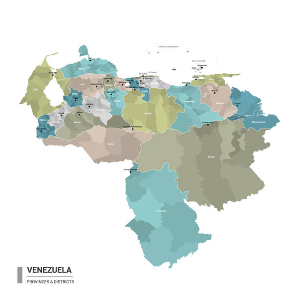 Venezuela higt detailed map with subdivisions. Administrative map of Venezuela with districts and cities name, colored by states and administrative districts. Vector illustration. Venezuela higt detailed map with subdivisions. Administrative map of Venezuela with districts and cities name, colored by states and administrative districts. Vector illustration. delta amacuro stock illustrations