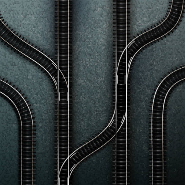 Empty railway tracks Vector illustration of connections of several railway tracks. Isolated top view railroad track illustrations stock illustrations