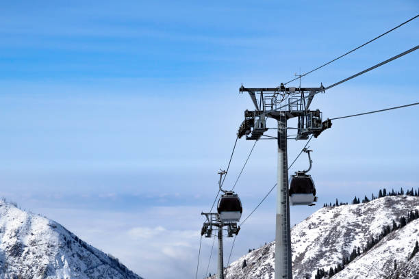 istock Cable car way on snowy mountains background. Gondola lift in winter mountains. 1286652012