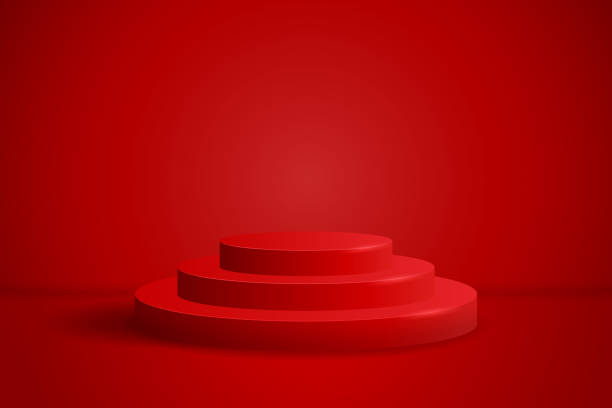 istock Realistic round display podium mockup. Minimal red scene with cylinder platform for product show. Vector illustration of pedestal for xmas gift or valentine day present 1286652932