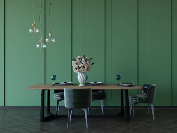 istock 3d rendering of contemporary dining room with green wall. 1286653359