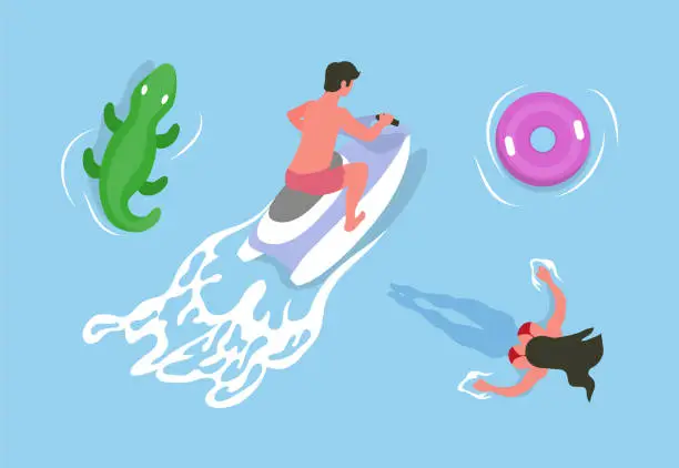 Vector illustration of Man Driving Jet Ski, Girl Swimming in Water Vector