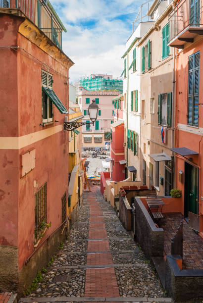 Narrow alley in the sea district of Boccadasse in Genoa (Liguria, Italy) stock photo