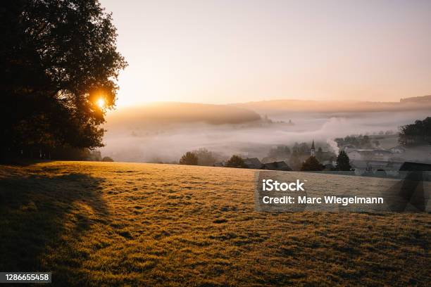 Sunrise In Rural Region In Winter Stock Photo - Download Image Now - Hesse - Germany, Landscape - Scenery, Scenics - Nature