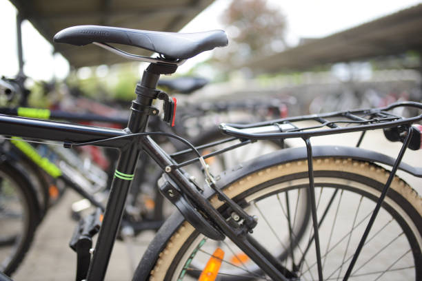 Closeup of student black bicycle in school
