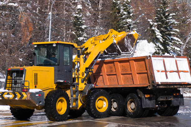 istock Tractor removing snow after snowfall. Winter season. Snow clearing. Wheelloader is unloading snow in to truck. 1286659181