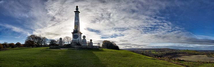 Panorama of the boar war memorial on Coombe Hill with Chequers in the background in the Chilterns,Buckinghamhire