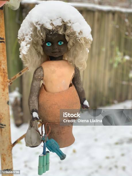 Creepy Radioactive Doll With Piercing Blue Eyes And Snow Hair From The Chernobyl Exclusion Zone Stock Photo - Download Image Now