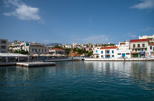 Agios Nikolaos, Crete, Greece - 18 October, 2020. View on the small harbor in Agios Nikolaos town, Greece