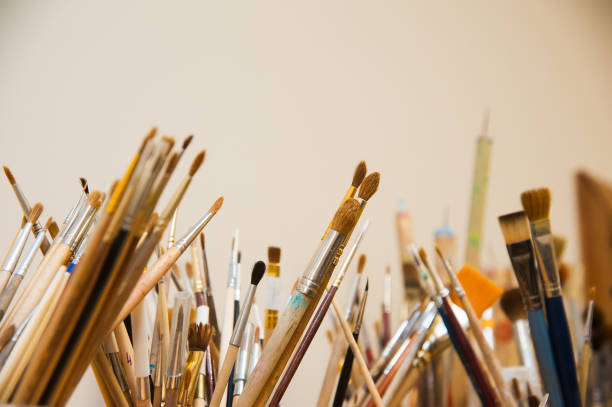 istock Brushes for painting. Various shapes of bristle. Art workshop 1286662236
