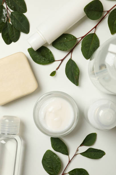 istock Spa cosmetic products and branches with leaves on white background, top view 1286663356