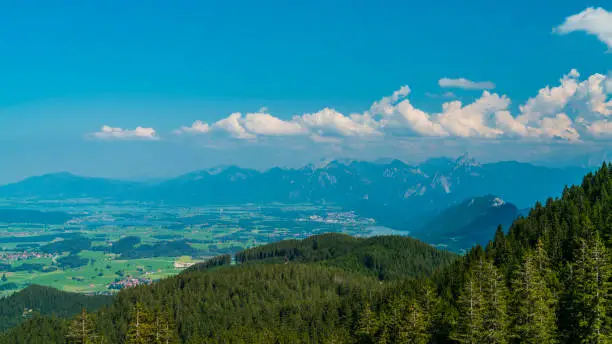 Germany, Allgaeu, View from alpspitz mountain above forgensee, hopfensee and weissensee lakes next to alps panorama