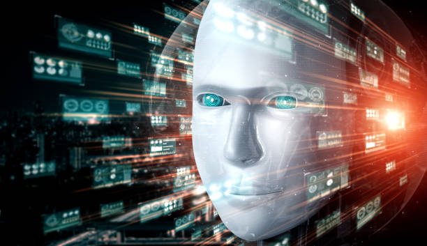 istock Robot humanoid face close up with graphic concept of big data analytic 1286664938