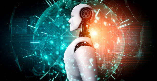 istock Humanoid AI robot looking at hologram screen showing concept of communication 1286665136