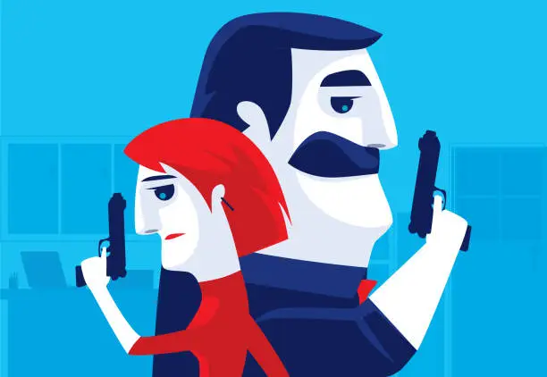 Vector illustration of man and woman back to back with guns