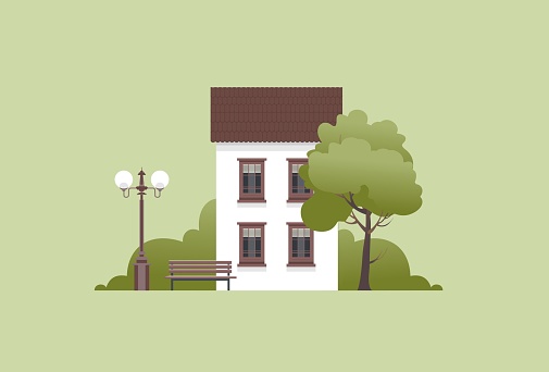 vector illustration of a two-storey house with a small courtyard trees bench with a lantern in retro style on a plain background